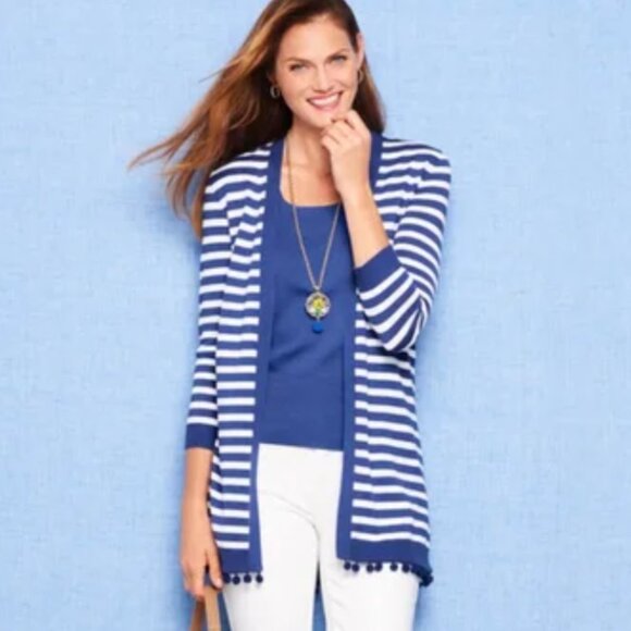 Talbots Sweaters - Talbots Natalie‎ Stripe Cardigan Blue White Nautical Travel Casual Lightweight S